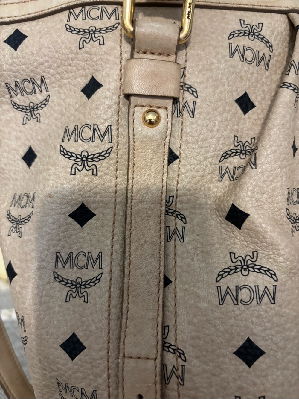 MCM Beige Logo Monogram Tote with Gold Plaque - Picture 3 of 14